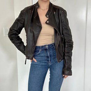 ZARA WOMAN BELTED BIKER FAUX LEATHER JACKET CHARCOAL SIZE S